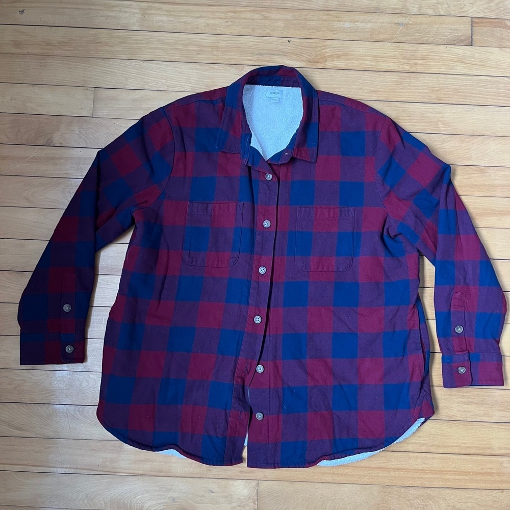 J.Crew Mens L Sherpa Lined Flannel Shirt Jacket Buffalo Plaid Burgundy Navy Blue